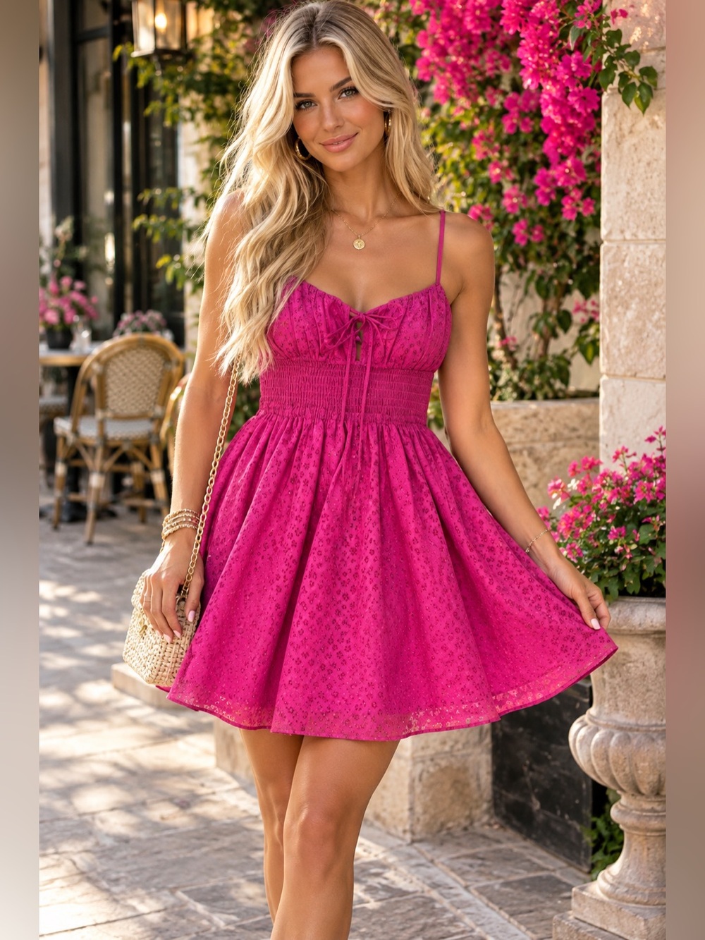 Urban Outfitters Fuchsia Pink Floral Lace  Mini Dress Size Medium Fit and Flare